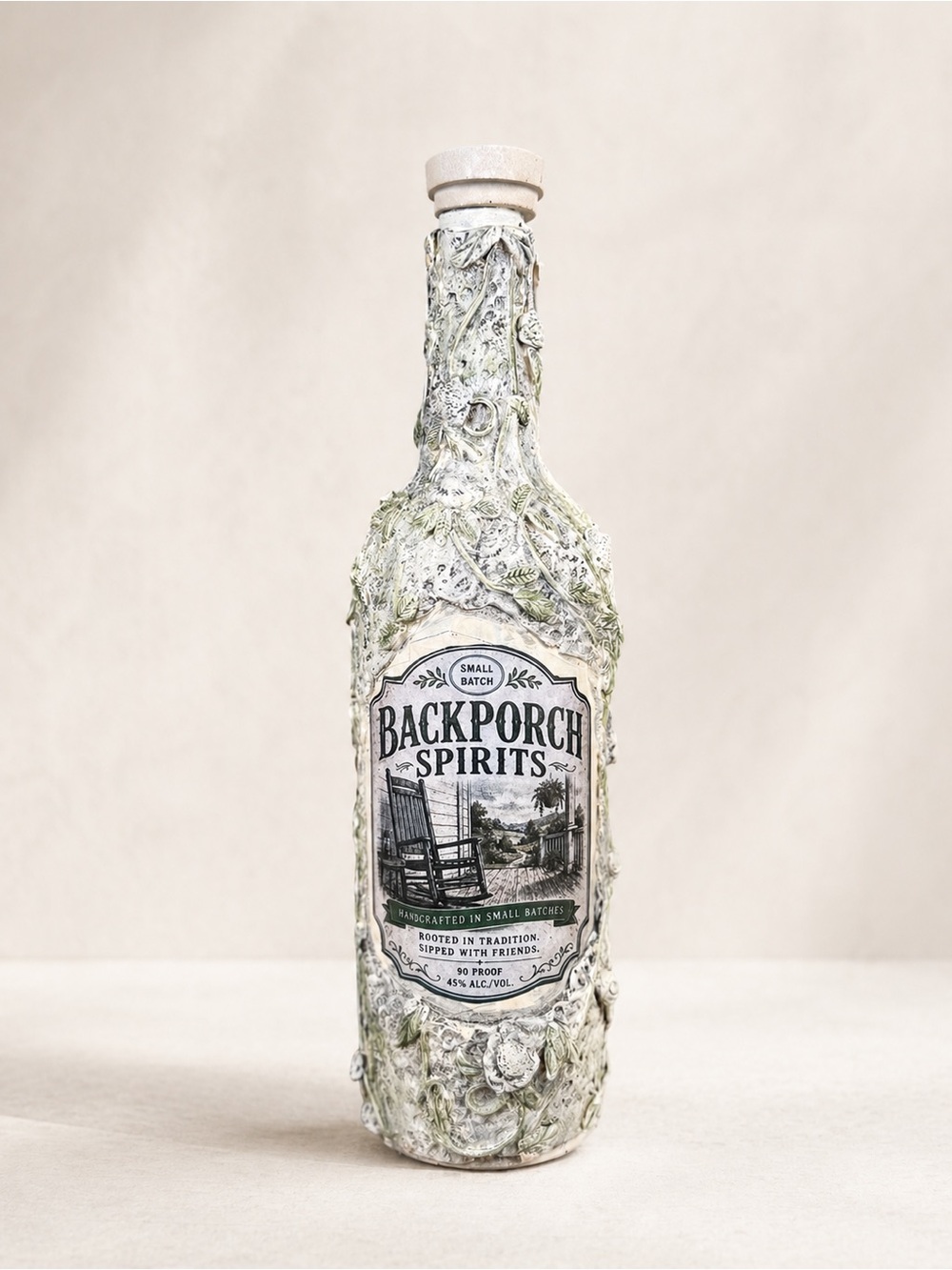 Backporch Spirits Decorative Bottle - White and Green Accents